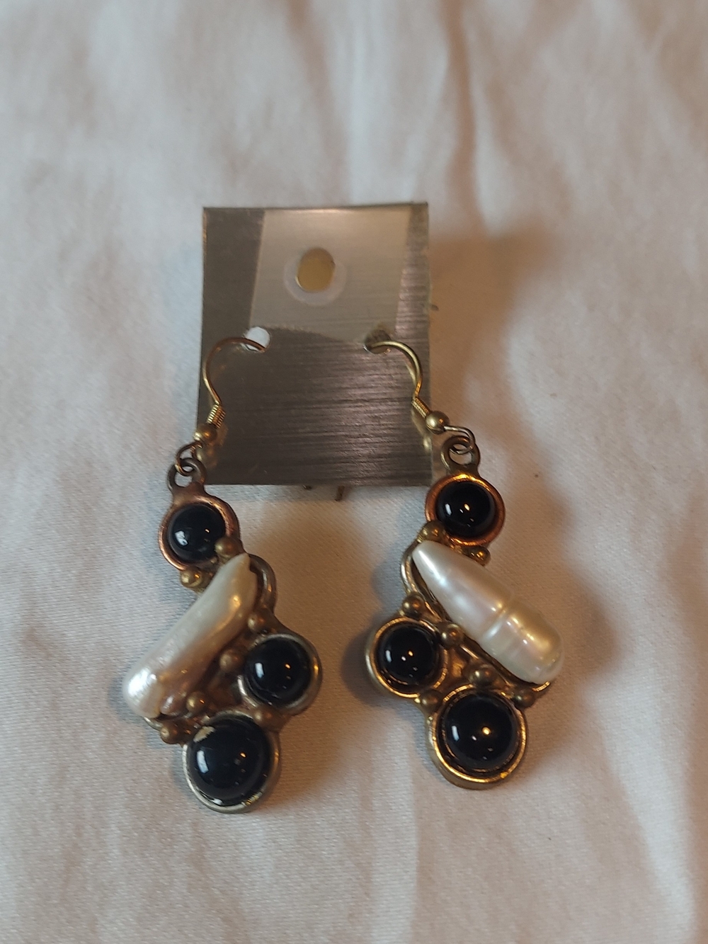 Gold-Tone Earrings with Black Stones and Pearlescent White Accents